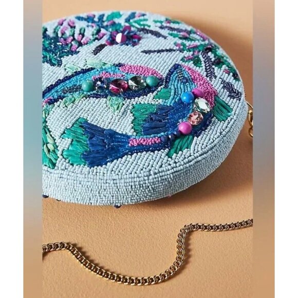 Anthropologie Under the Sea Embroidered Beaded Round Clutch Bag with Tassel NWT - Picture 3 of 5